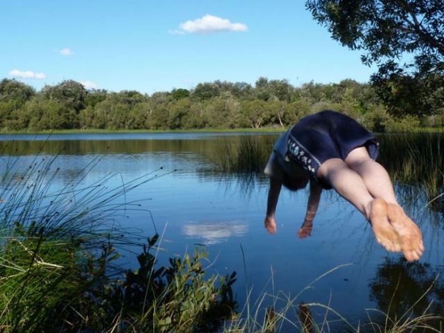 Diving Fun - Brown Lake, North Stradbroke Island, Qld Australia. Stay at Pats Retreat beach house accommodation.